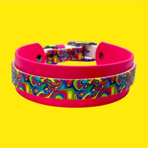 PREMADE Biothane Dog Collar | 1.5 Inch Hot Pink with 3/4 Inch Swirly Pattern Overlay | 16-19 Inch Neck | Rainbow Hardware |  | Waterproof