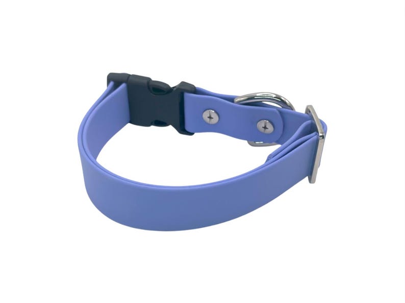 May include: A light blue dog collar with a black plastic buckle and a silver-colored metal D-ring and buckle. The collar is made of a flexible, waterproof material.