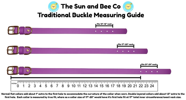 May include: Three purple collars with gold-tone buckles and hardware, displayed with a measuring guide from The Sun and Bee Co. The guide shows fit ranges of 13-16 inches, 17-20 inches, and 21-24 inches, alongside a 24-inch ruler for scale.