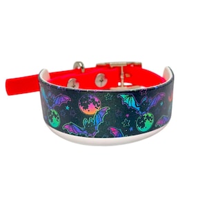 PREMADE 1&quot; Halloween Small Dog Biothane Collar | Halloween Colorful Bat UV Print | Fits a 7.5-10 Inch Neck | 1/2 Inch Orange Taper