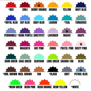 May include: A Biothane color chart featuring rows of semi-circular swatches in various colors including red, orange, yellow, blue, purple, pink, green, brown, and white. Each swatch is labeled with its color name, with asterisks and S markers.