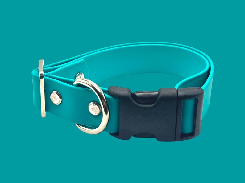 May include: A teal dog collar with a black plastic buckle and silver-colored metal hardware. The collar is made of a flexible material and is designed to be adjustable. The background is a solid teal color.