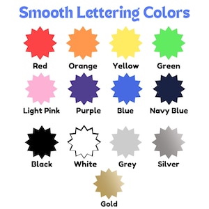 May include: A chart showing 14 different colors with their names written below each color. The colors are red, orange, yellow, green, light pink, purple, blue, navy blue, black, white, grey, silver, and gold.