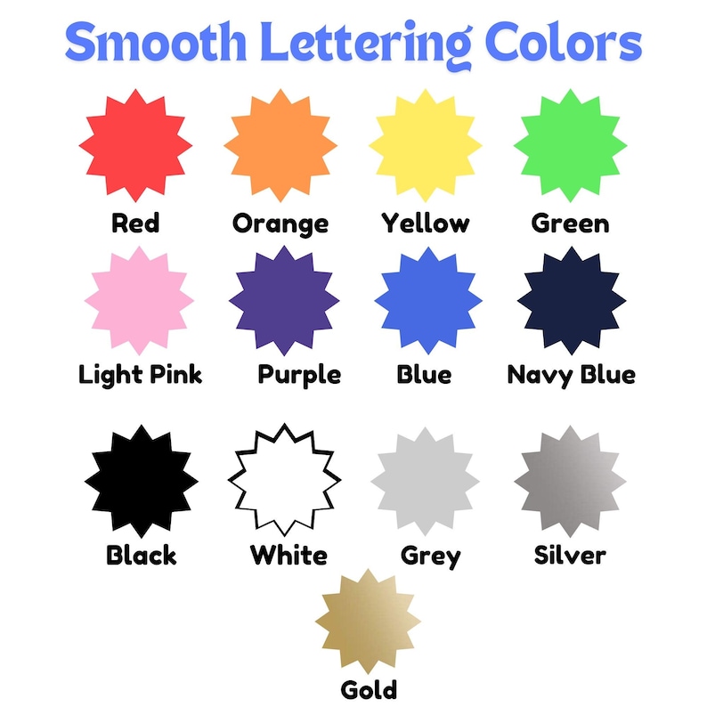 May include: A chart showing 14 different colors with their names written below each color. The colors are red, orange, yellow, green, light pink, purple, blue, navy blue, black, white, grey, silver, and gold.