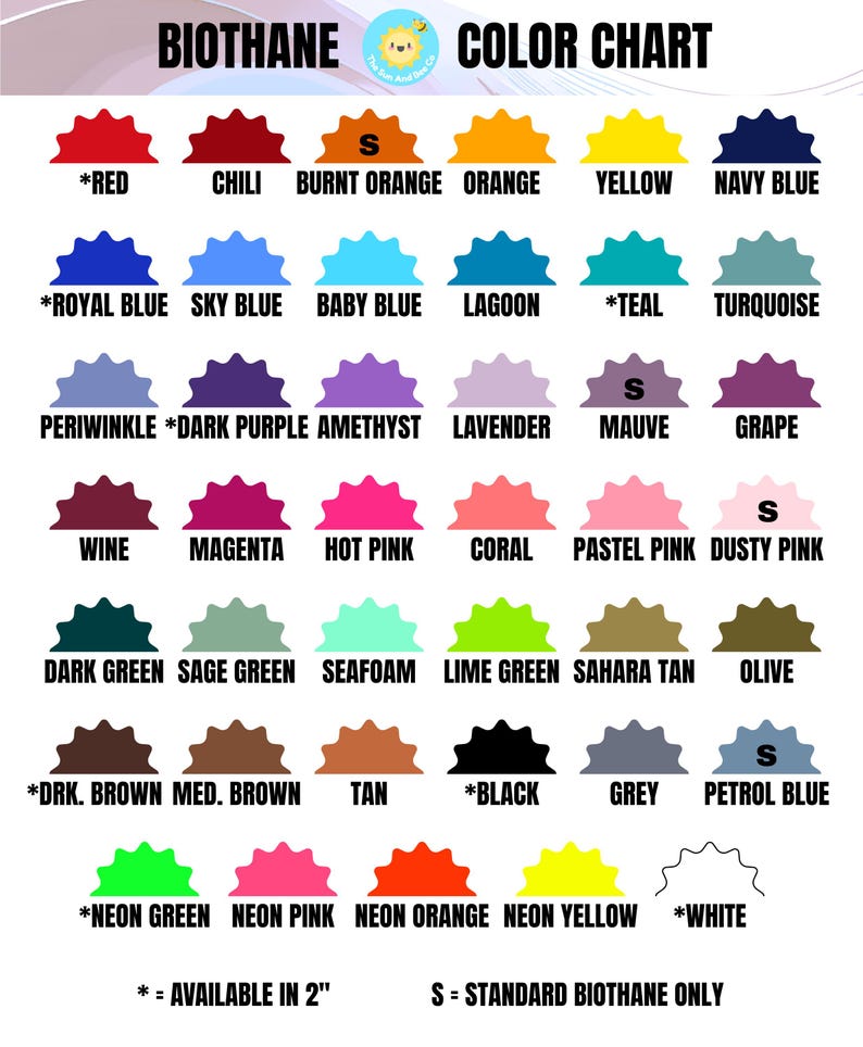 K&ouml;nnte beinhalten: Eine Biothane-Farbkarte mit einer Vielzahl von Farben, darunter Rot, Orange, Gelb, Blau, Gr&uuml;n und Rosa. Die Karte enth&auml;lt Farbbezeichnungen und gibt die Verf&uuml;gbarkeit in 5 cm oder Standard-Biothane an.
