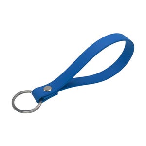 May include: A bright blue wrist strap keychain with a silver key ring and a silver snap closure. The strap is made of a flexible material and is designed to be worn around the wrist for easy carrying of keys.