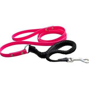 May include: A pink and black dog leash with a retractable cord and a metal clip.