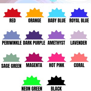 May include: Color chart for adjustable Biothane, featuring a variety of colors. The chart includes Red, Orange, Baby Blue, Royal Blue, Periwinkle, Dark Purple, Amethyst, Lavender, Sage Green, Magenta, Hot Pink, Coral, Neon Green, and Black.