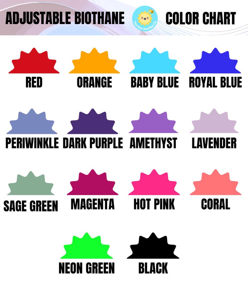 May include: Color chart for adjustable Biothane, featuring a variety of colors. The chart includes Red, Orange, Baby Blue, Royal Blue, Periwinkle, Dark Purple, Amethyst, Lavender, Sage Green, Magenta, Hot Pink, Coral, Neon Green, and Black.