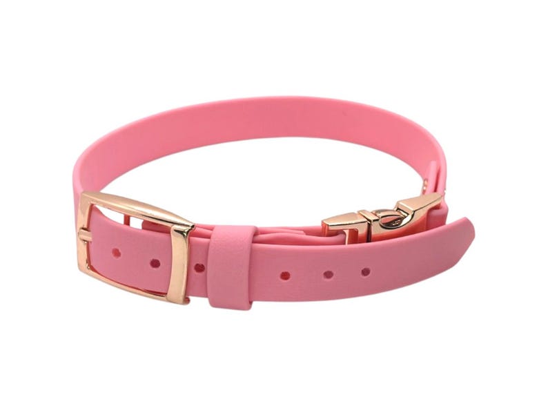 Puede incluir: Un collar rosa s&oacute;lido con una correa de acabado mate suave, una hebilla de metal en oro rosa, una trabilla met&aacute;lica a juego y un cierre de clip en oro rosa. La correa incluye varios orificios preperforados para un ajuste seguro y preciso.