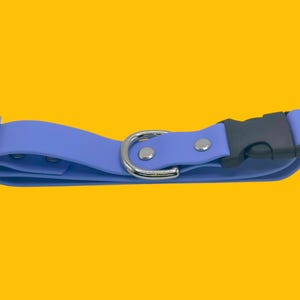 May include: A periwinkle blue dog collar with a black plastic buckle and a silver metal D-ring. The collar has a simple design with a metal slider and two silver rivets. The background is a solid yellow.
