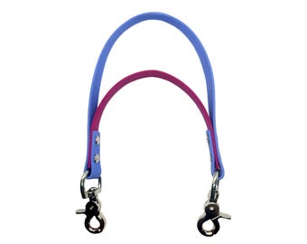 Könnte beinhalten: Eine blaue und rosafarbene Hundeleine mit zwei silbernen Clips.