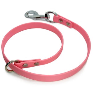 May include: A pink rubber dog leash with a silver clip and a silver ring.