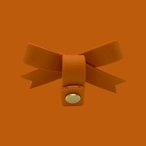 May include: An orange leather bow with a gold-colored button closure. The bow is centered against an orange background. The bow's design features two loops and two pointed ends.