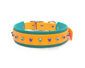 Double Layer 1.5" Inch Biothane Dog Collar with Gems | Bedazzled Biothane Dog Collar | Two Tone | Waterproof | Durable | Easy to Clean