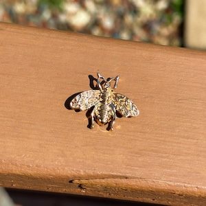 May include: A gold bee charm with intricate details. The bee is facing forward with its wings spread out. The charm is made of metal and has a shiny finish.