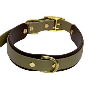 以下が含まれることがあります： 金色のバックルとDリングが付いた緑と茶色の犬用首輪
