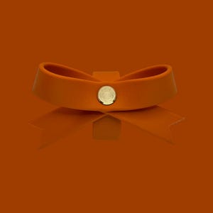 May include: Orange leather bow with a gold-colored button in the center. The bow is set against a matching orange background, creating a monochromatic effect. The bow's reflection is visible below.