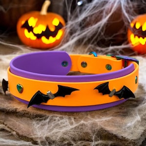 Halloween Biothane Dog Collar | Double Layered 1.5 Inch with 1&quot; Overlay and Bats | Spooky Cute Halloween Collar | Easy to Clean | Durable