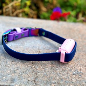 Puede incluir: Un collar de silicona azul oscuro con un dispositivo electr&oacute;nico rectangular de color rosa claro unido a la correa. El collar incluye una trabilla de silicona morada y un mecanismo de hebilla met&aacute;lico iridiscente con herrajes a juego.