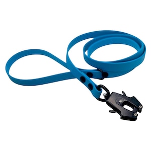 May include: A vibrant blue dog lead with a black metal clasp. The lead is made of a flexible, durable material and has a loop handle. The clasp has a unique design for secure attachment.