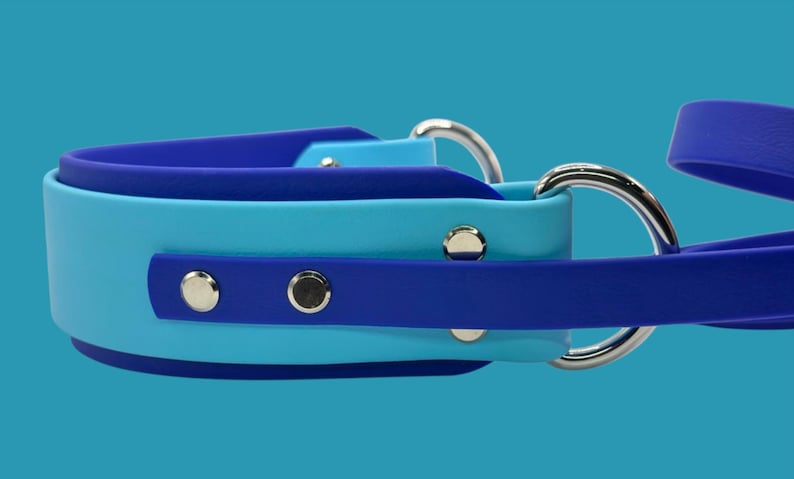 May include: A blue and turquoise dog collar with silver hardware. The collar is made of a soft, flexible material and has a double layer design.