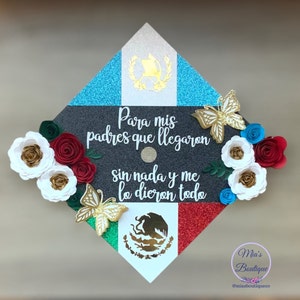 Gorra de graduación personalizada de Guatemala con diseño floral y rosas de girasol para mis padres