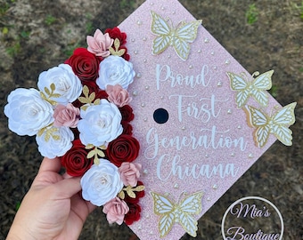 Custom Personalized Graduation Cap Topper First Generation Sunflowers Roses Butterflies Sunflower Pink Design