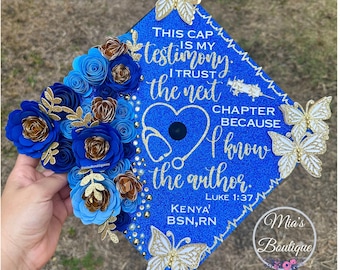 Custom Personalized Graduation Cap Topper Heart Stethoscope Nurse Blue Gold Flowers Glitter Butterflies