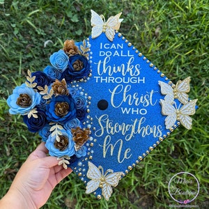 Personalized nurse graduation cap topper - Nursing blue custom flowers glitter graduation cap