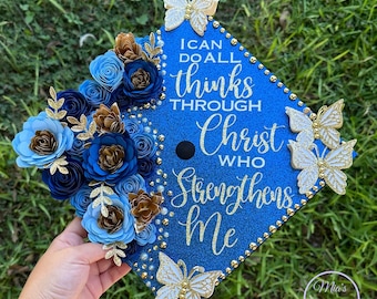Custom Personalized Graduation Cap Topper Blue Sunflower Roses Butterflies Gold Glitter