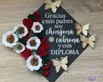 Gepersonaliseerde afstudeerpet-topper Mexicaanse bloemen zonnebloemen Para mis Padres Mexicaanse vlag afstudeerpet