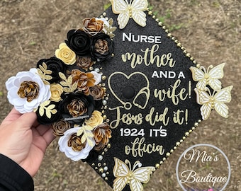 Custom Personalized Graduation Cap Topper Nurse Heart Stethoscope Black White Gold Flowers Glitter Butterflies