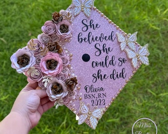 Custom Personalized Graduation Cap Topper Nurse Pink Floral Sunflowers Graduation Cap
