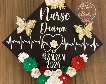 Custom Personalized Mexican Graduation Cap Topper Nurse Sunflowers Roses