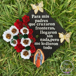 Gorra de graduación topper Mexicano - Personalizado México Grad Cap Floral Girasol Para Mis Padres