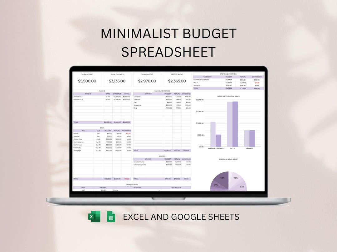 Monthly Budget Spreadsheet for Google Sheets and Excel | Income Tracker ...