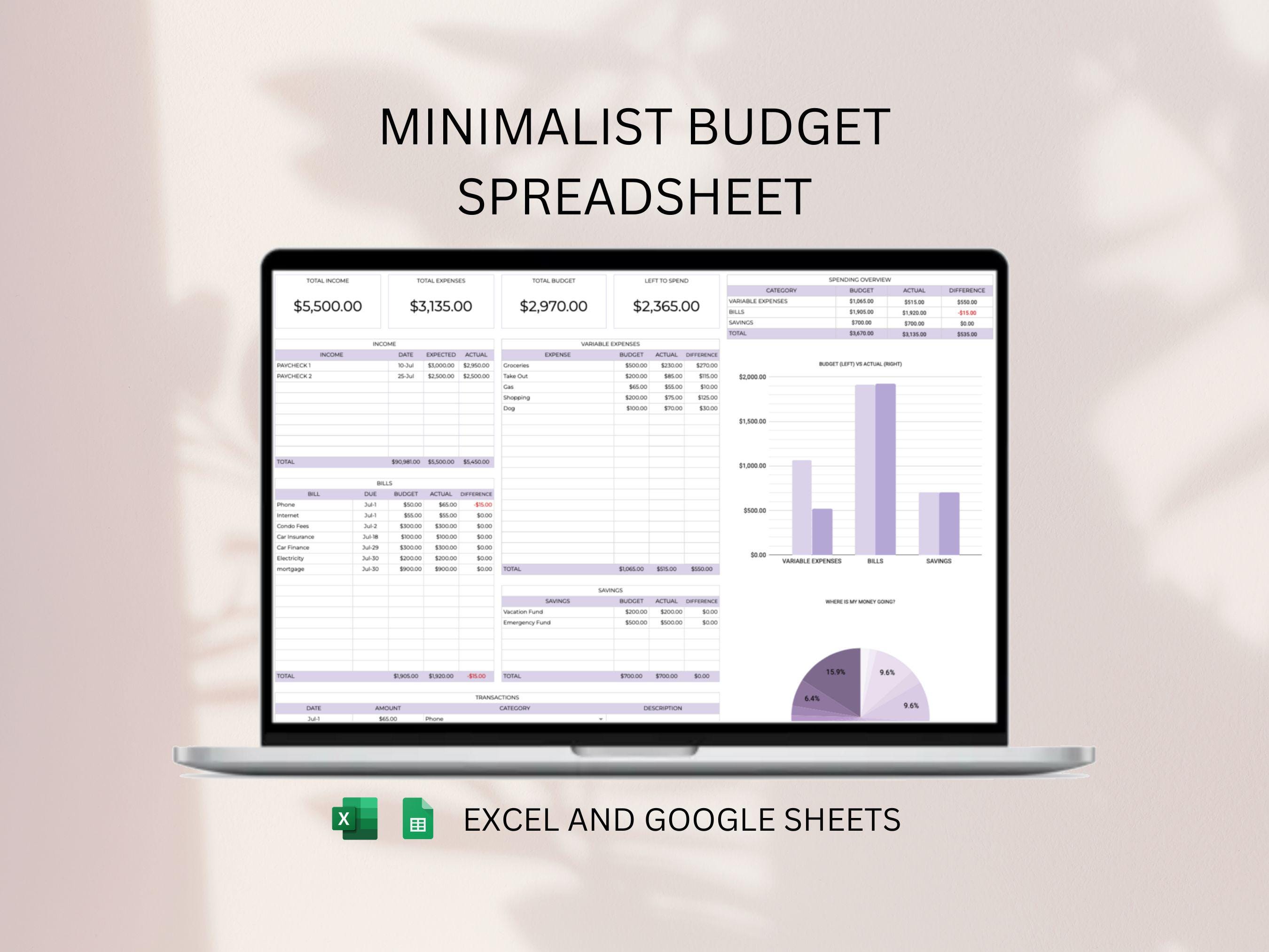 Monthly Budget Spreadsheet for Google Sheets and Excel | Income Tracker ...