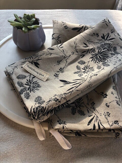 BLESS LINEN Jacquard Pure Linen Flax Hand Kitchen Towel Set