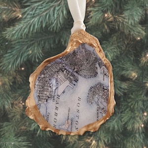 Boston Map Ornament, Auster, Massachusetts, Up-cycled Weihnachtsverzierung, Bostonian, Kartenkunst, New England Oyster Ornament Weihnachtsgeschenk
