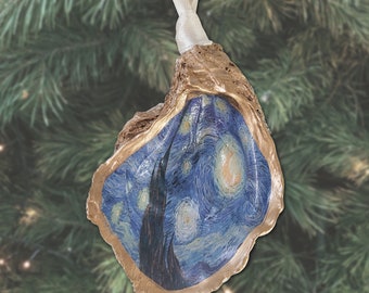 FREE SHIPPING Starry Night Christmas Ornament Vincent Van Gogh Keepsake Oyster Ornament upcycled gift for artist art teacher