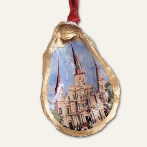 Enfeite de Ostra de Lembrança Nova Orleans, Praça Jackson, Catedral de St. Louis, Enfeite de Natal, Cartão postal vintage do French Quarter, Natal de Nola