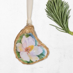 Watercolor Magnolia Oyster Shell Ornament, Coastal Southern Style - Mississippi State Flower - Handmade Southern Decor - Louisiana Gift