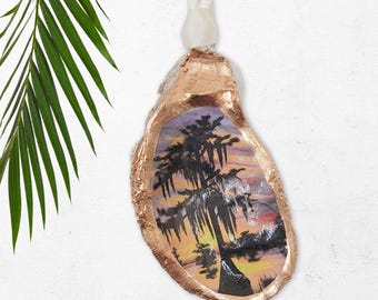 Cajun Christmas Oyster Shell Ornament: Cypress Swamp Sunset Landscape