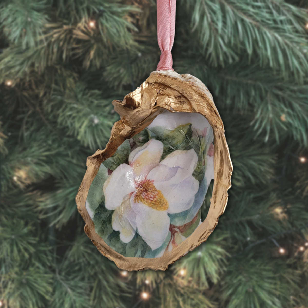 Magnolia Keepsake Oyster Ornament upcycled Louisiana Christmas ornament exchange, gilded oyster, mississippi Christmas ornament state flower