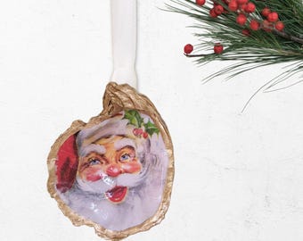Handcrafted Oyster Shell Santa Ornament: Upcycled Vintage Christmas Decor