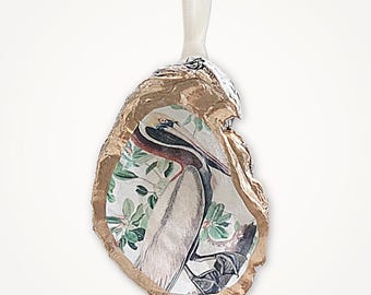 Pelican Christmas Ornament: Vintage Louisiana Bird, Gilded Oyster Shell