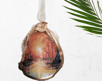 Louisiana Bayou Oyster Shell Ornament: Cajun Swamp Sunset Landscape