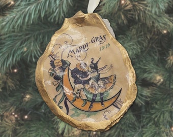 FREE SHIPPING Vintage Mardi Gras Ornament New Orleans Themed Christmas Tree Carnival French Quarter Nola Oyster Shell 1916
