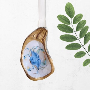FREE SHIPPING Blue Crab Ornament, Coastal Nautical Crab Decor Beach Oyster Shell Ornament